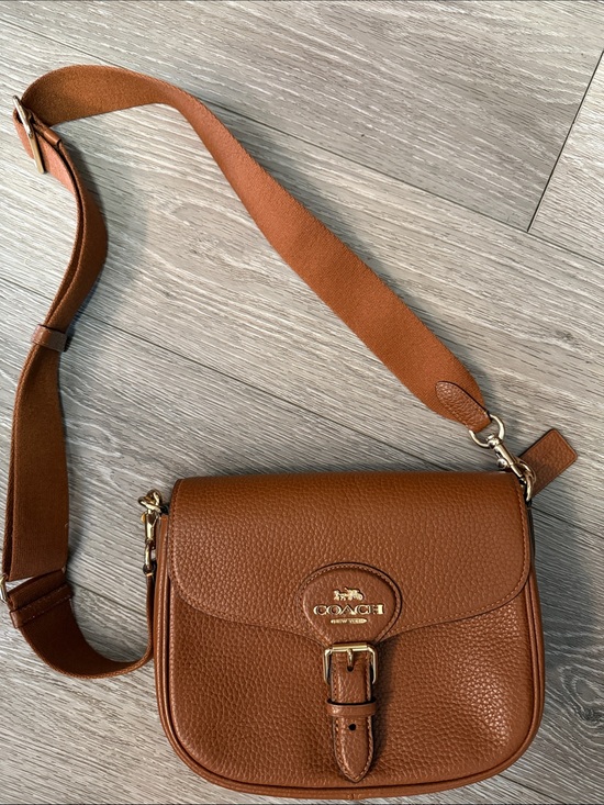 Coach Handbags - Coach Cognac Pebbled Leather Crossbody Bag with Wide Strap